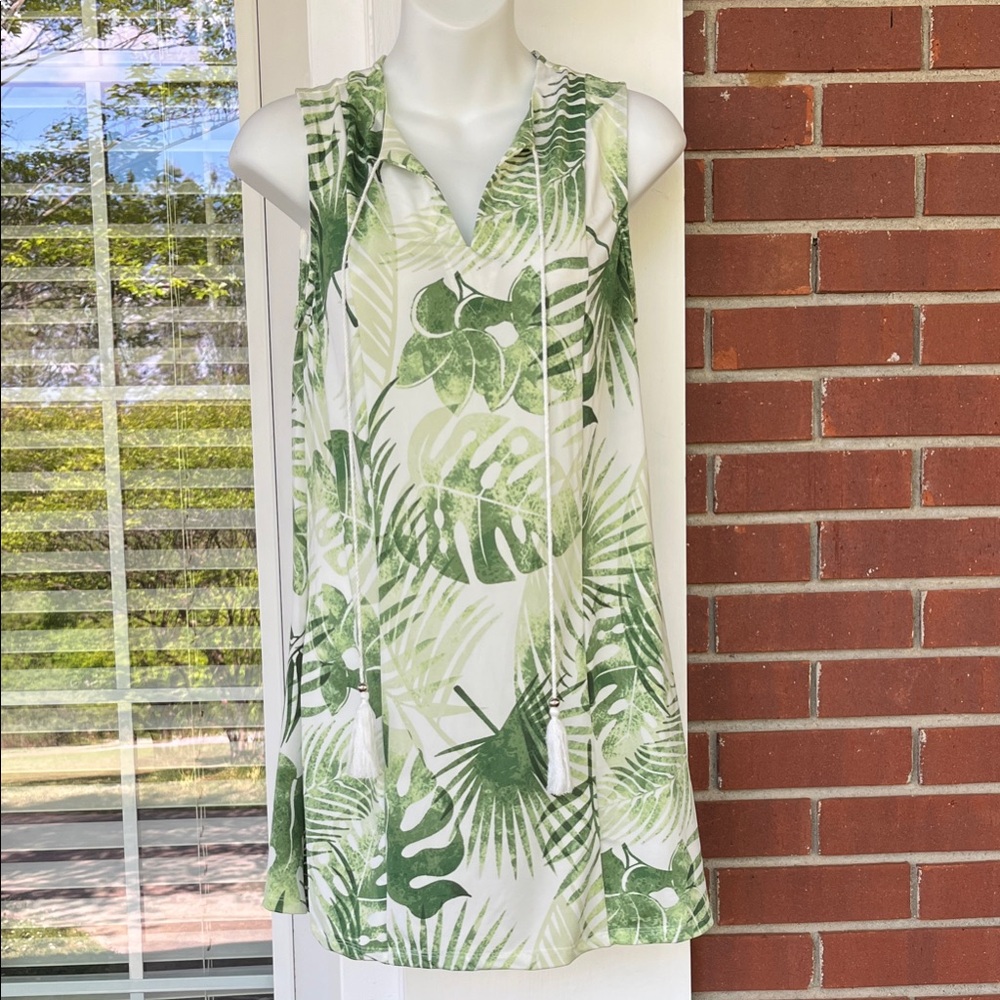 Green Tropical Leaf Sleeveless Swim Cover-Up with Tassel Ties, Size Small
